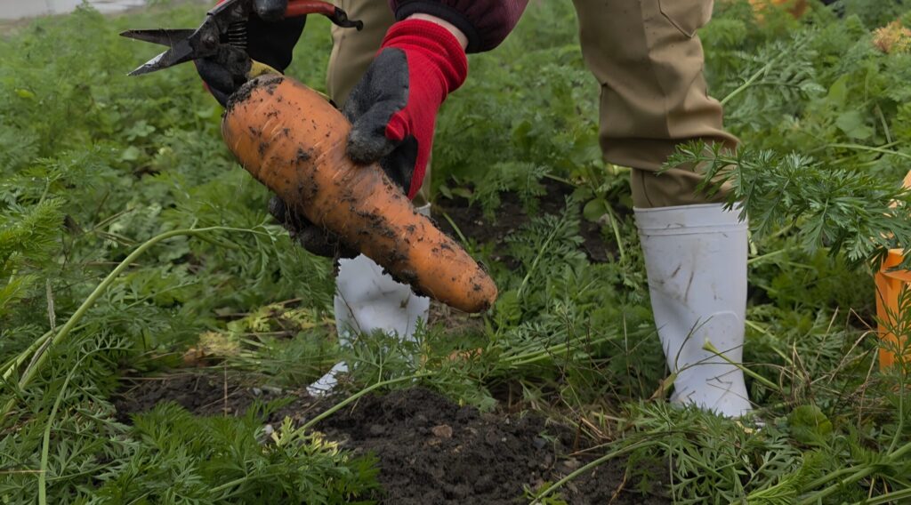 収穫したばかりの泥付きニンジン。先端と葉をカットした状態