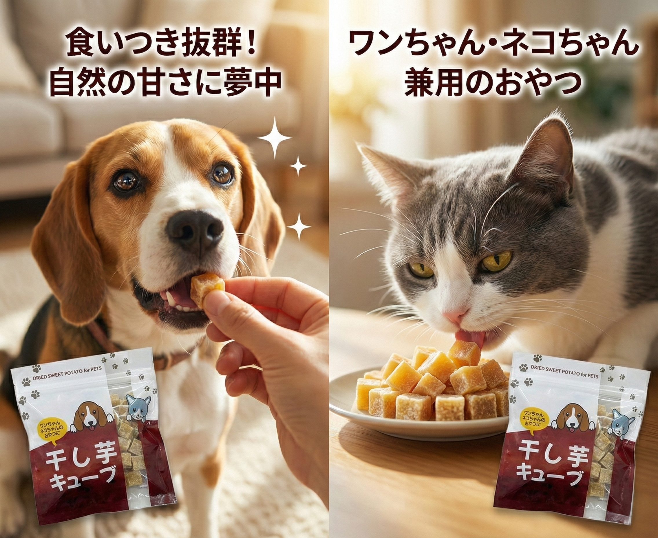 食いつき抜群 自然の甘さに夢中なワンちゃんとネコちゃん