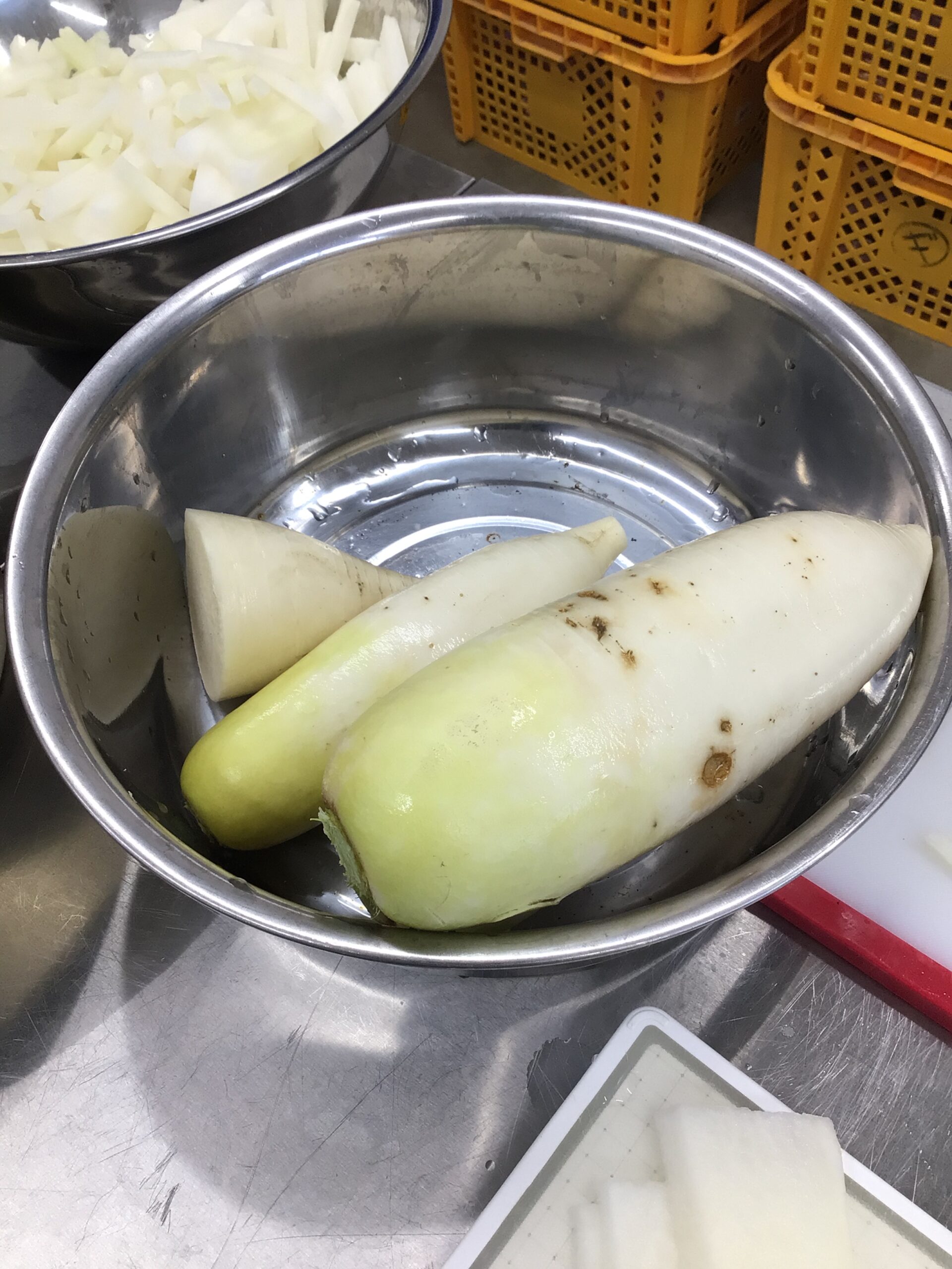 食品加工室でカットされる前の新鮮な丸ごとの大根