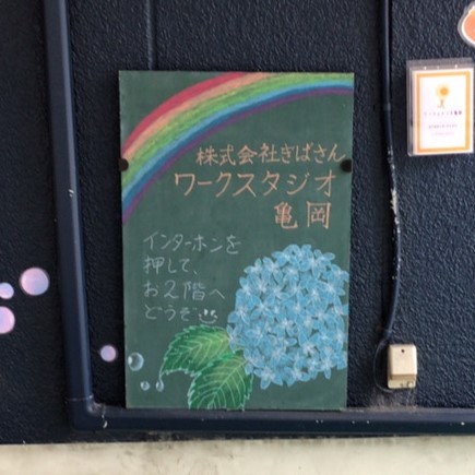 アジサイと虹が手書きで細かく描かれたワークスタジオ亀岡の案内黒板アート