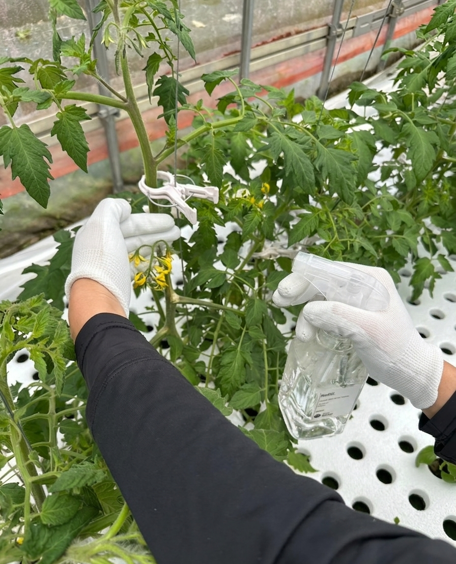 葉や茎を優しく手で覆いながらミニトマトにトマトトーンを散布する様子